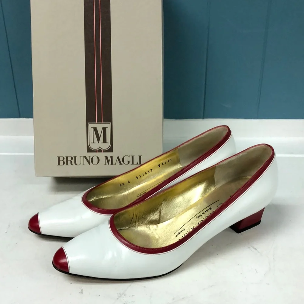 Bruno Magli MADDY red and white leather pumps women’s size‎ 8 AA made in Italy